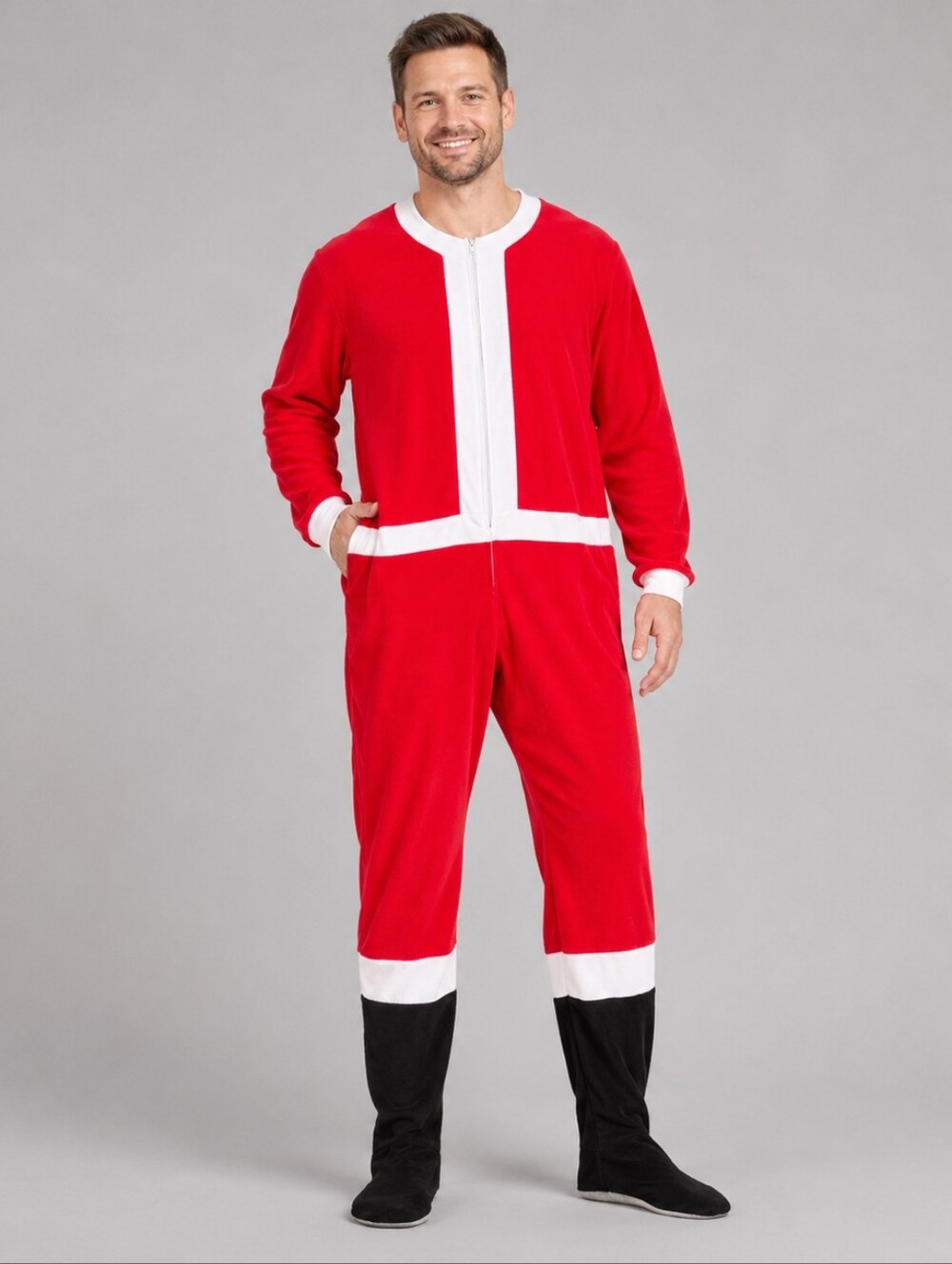 Joe Boxer Santa Claus Footed Pajamas Adult XL Red Fleece Christmas Union Suit